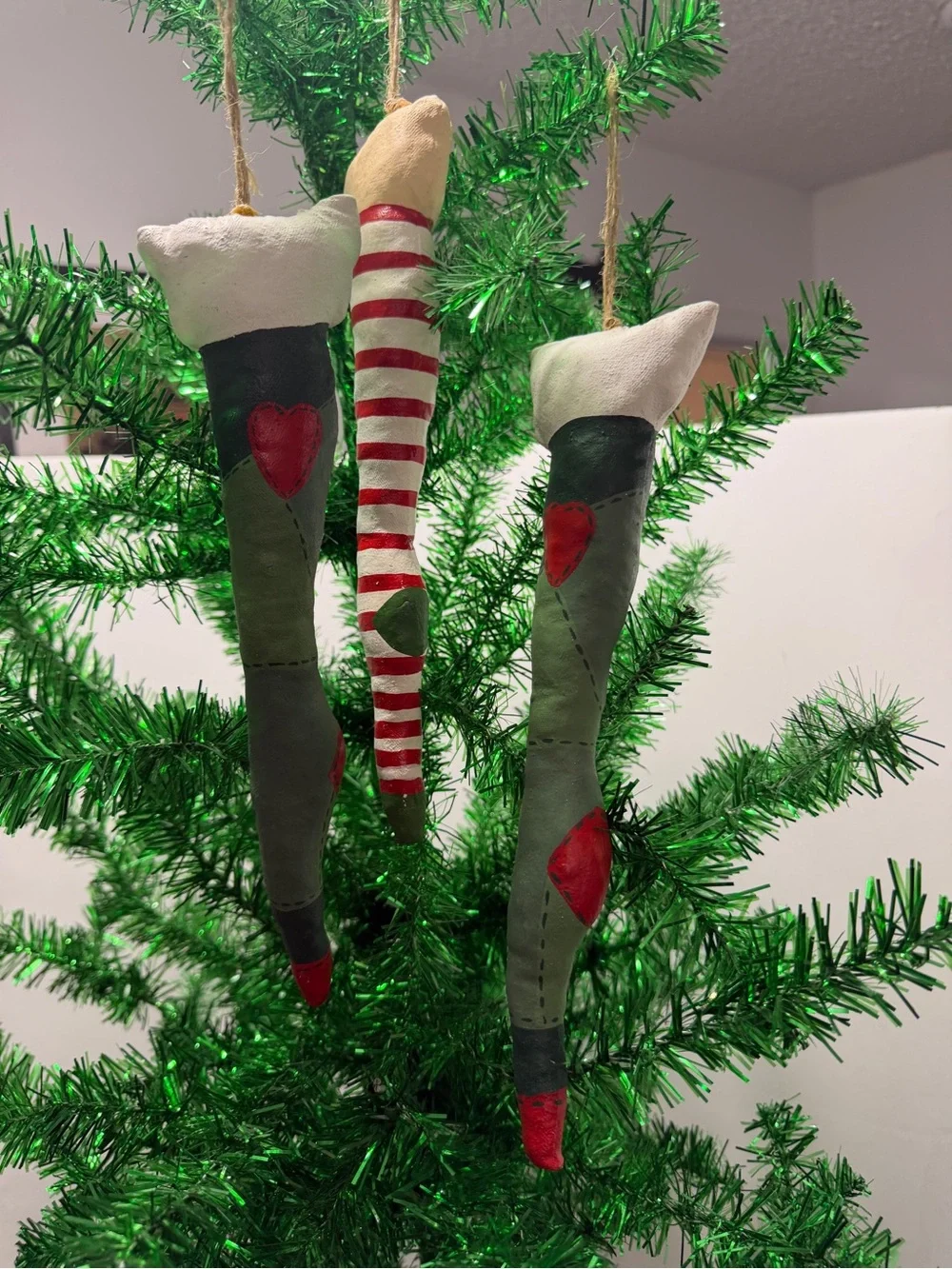 Elf Leg Christmas Hanging Bauble Ornaments 11” Long Set Of 3 Multicolor Striped